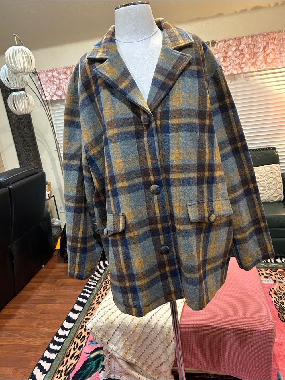 Plaid Wool-Blend Pea Coat in Blue & Mustard